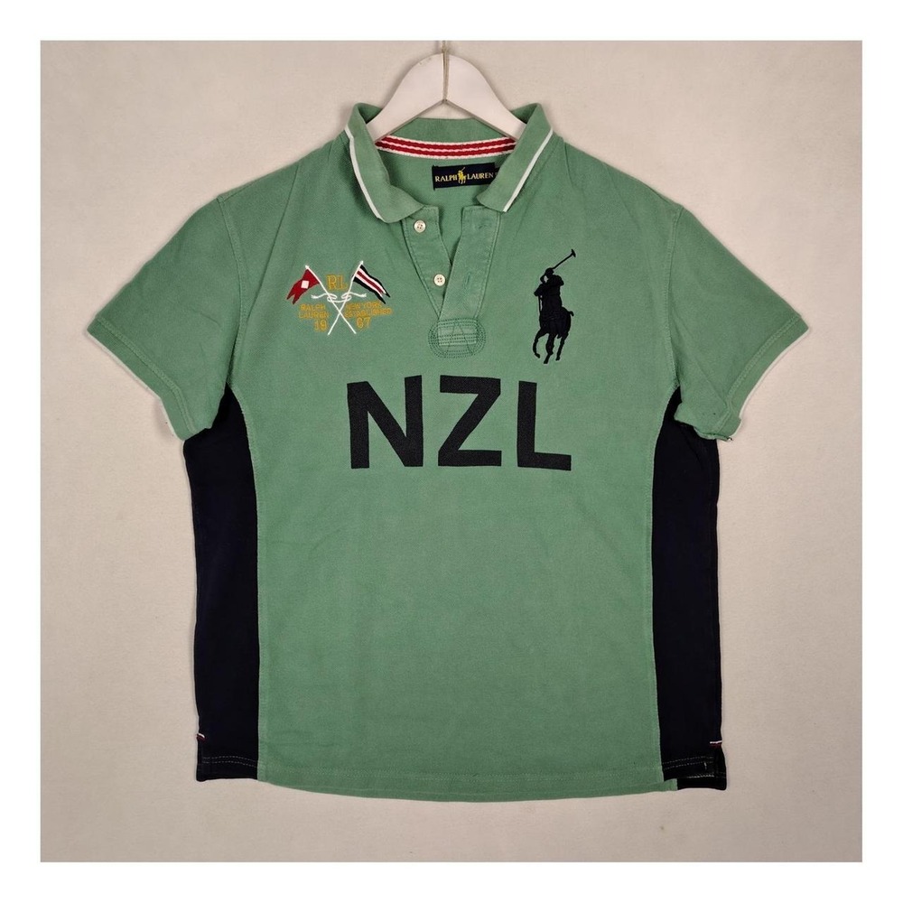 Ralph Lauren Big Pony Polo Shirt Green Navy Contrast Side Panels XL